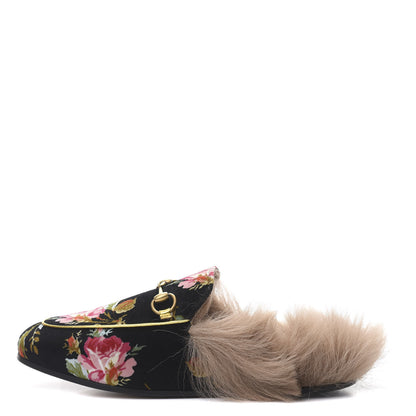 Gucci Velvet Fur Floral Womens Princetown Slippers 37 Black 1 of 8