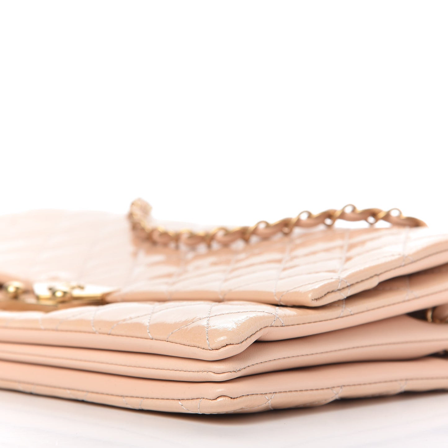 Patent Goatskin Quilted 3 Pocket Accordion Flap Beige