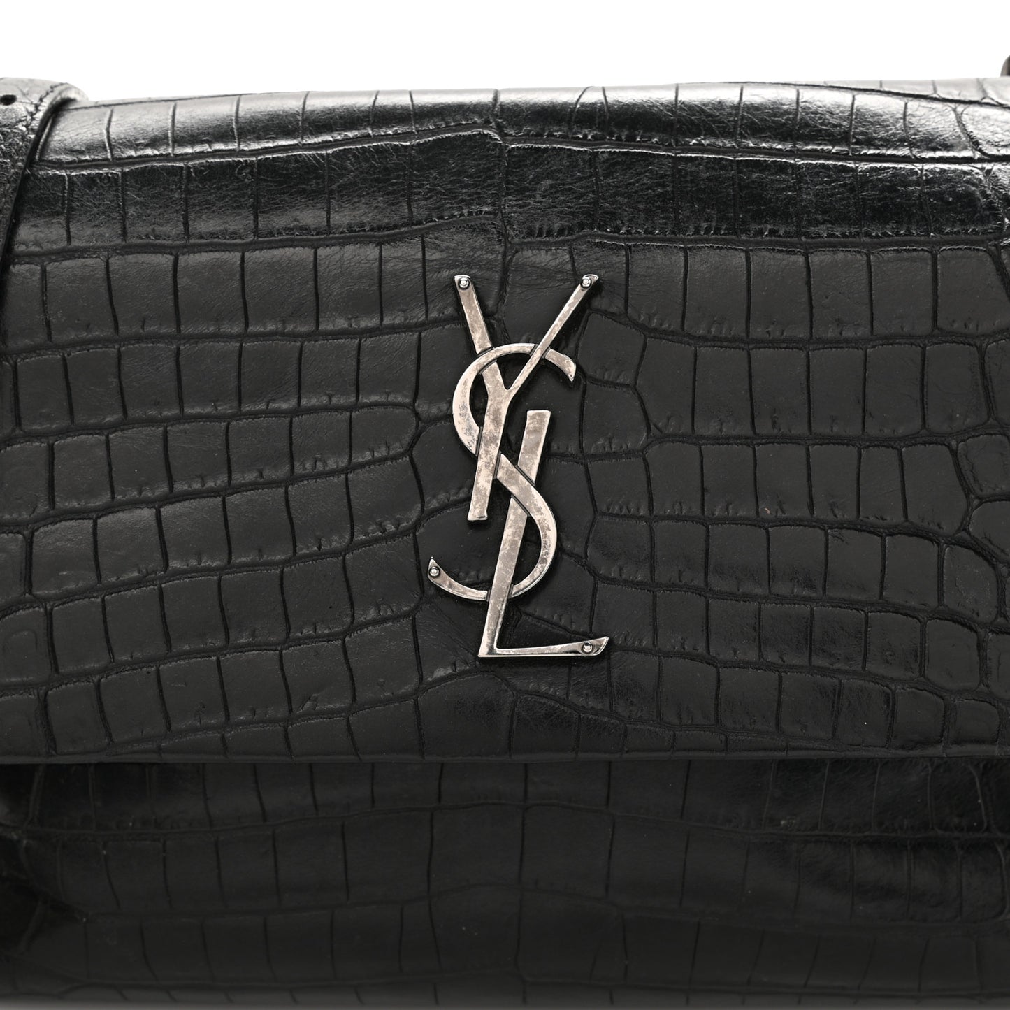 Calfskin Crocodile Embossed Medium West Hollywood Monogram Fold-Over Black