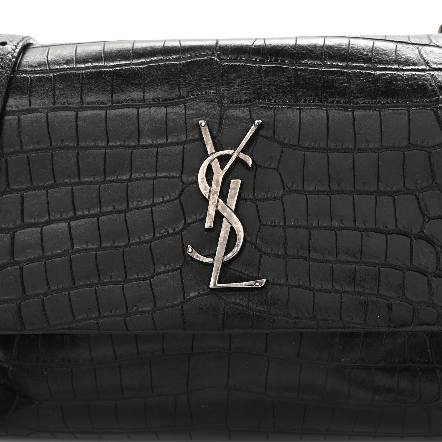 Saint Laurent Calfskin Crocodile Embossed Medium West Hollywood Monogram Fold-Over Black 15 of 23