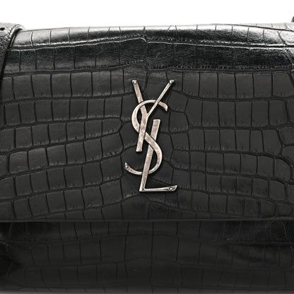 Saint Laurent Calfskin Crocodile Embossed Medium West Hollywood Monogram Fold-Over Black 15 of 23