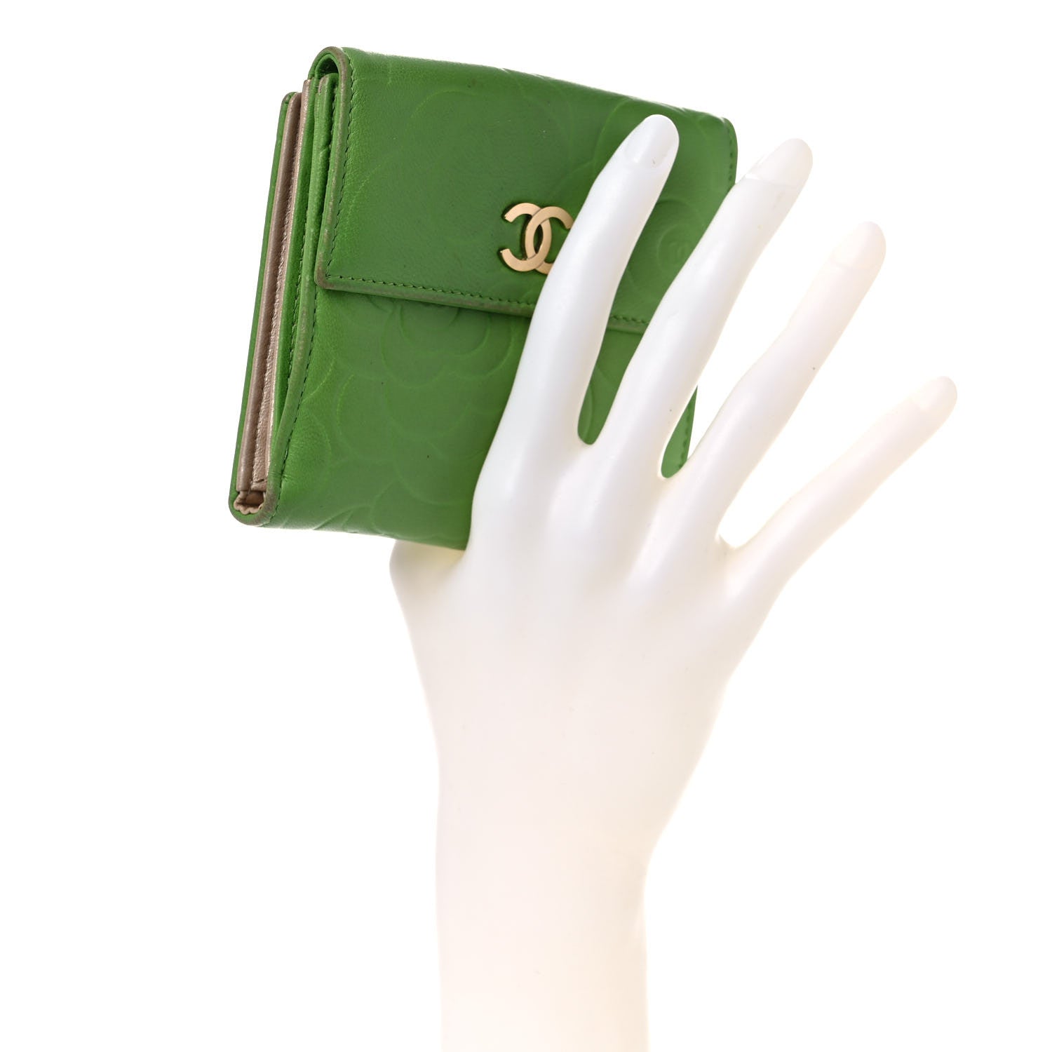 Chanel Lambskin Camellia Embossed Compact French Flap Wallet Green 2 of 21