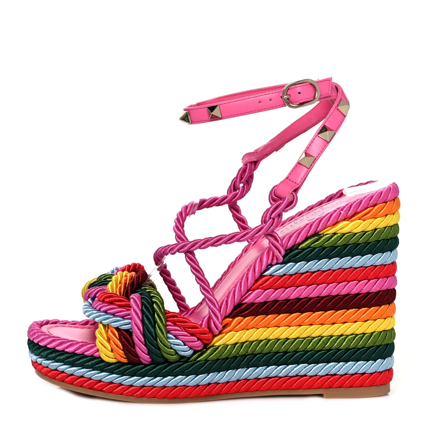 Calfskin Rockstud Ankle Strap Torchon Espadrille 25/115mm Wedge Sandals 37 Feminine Pink Multicolor