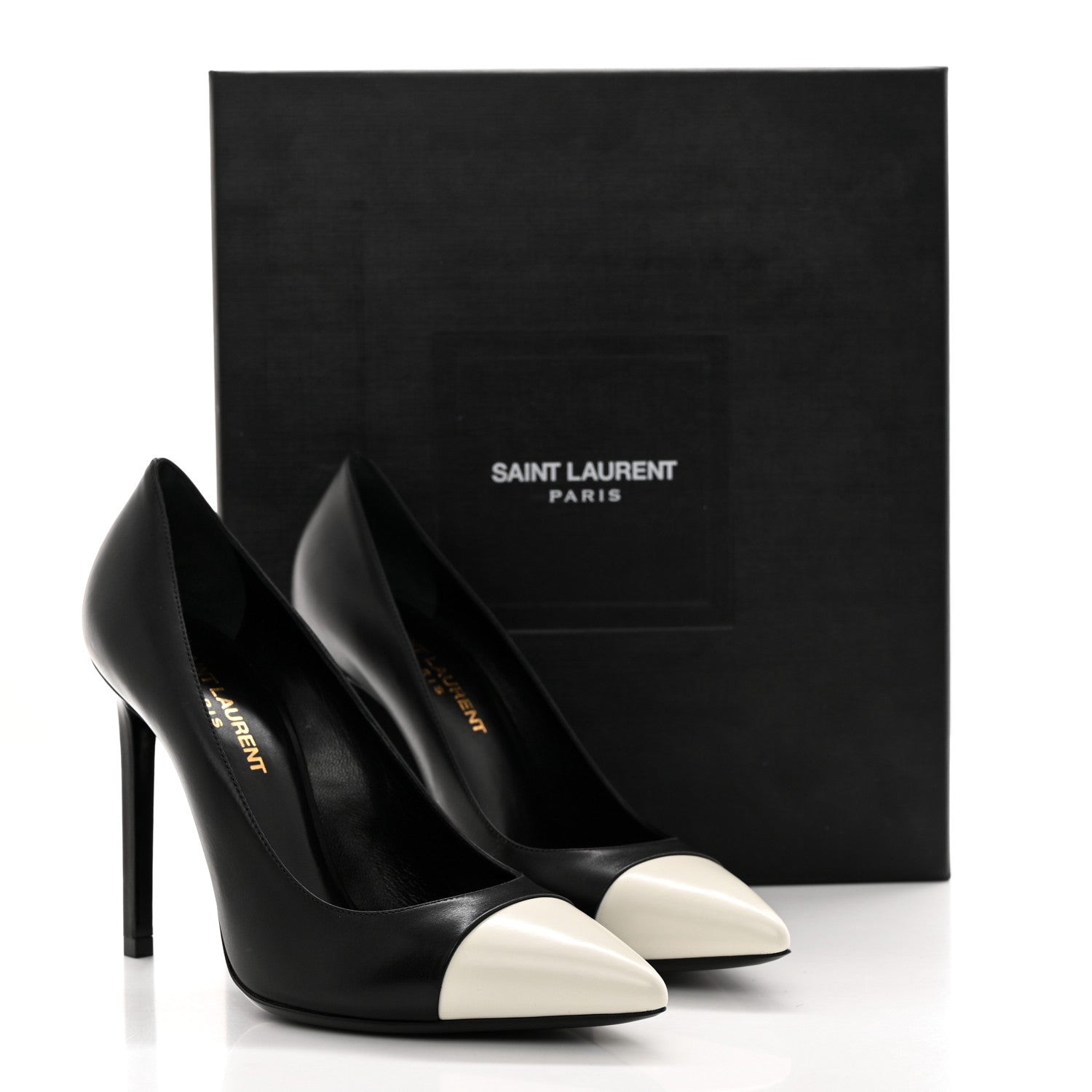 Saint Laurent Calfskin Bi-Color Cap Toe 105 Pumps 36.5 Black Porcellana 9 of 9