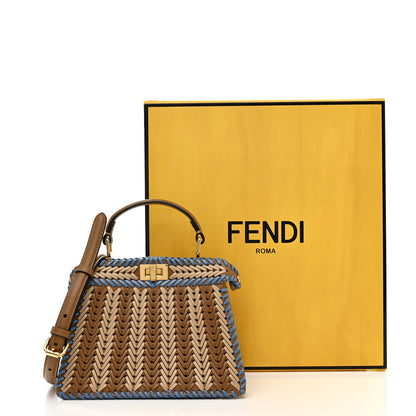 Fendi Vitello King Shiny Nappa Intreccio Petite Peekaboo I SEE U Satchel Sand Beige Blue 11 of 13