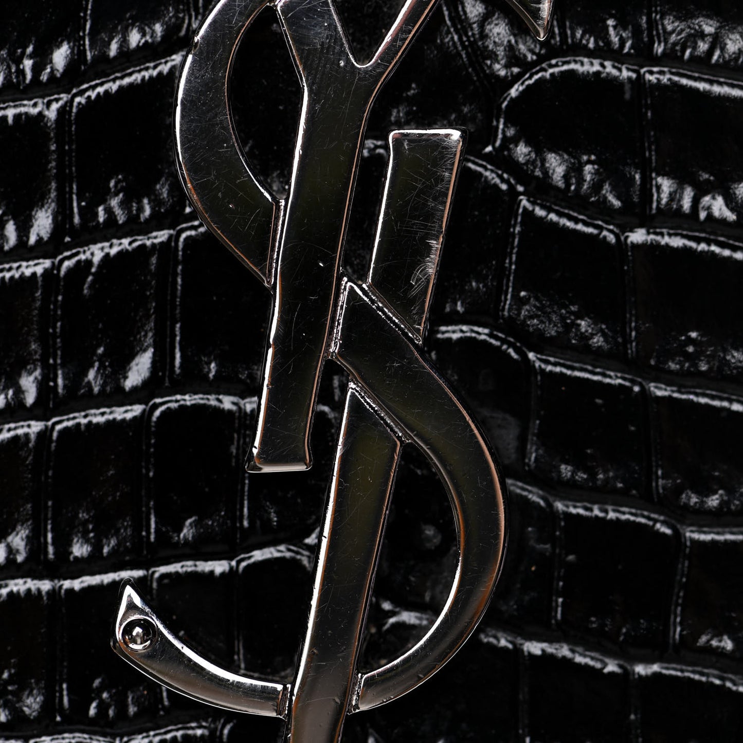 Calfskin Crocodile Embossed Small Classic Monogram Kate Tassel Satchel Black