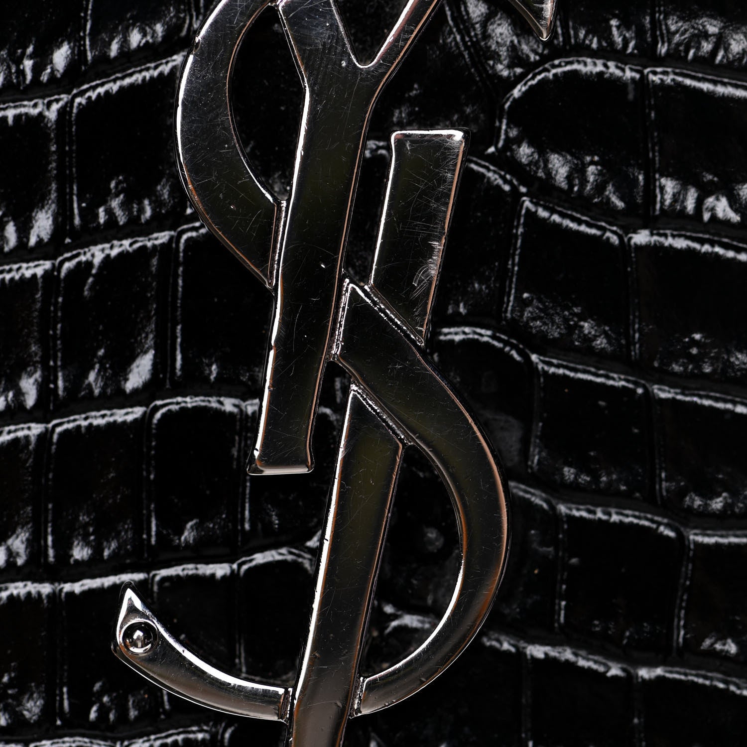 Saint Laurent Calfskin Crocodile Embossed Small Classic Monogram Kate Tassel Satchel Black 11 of 12