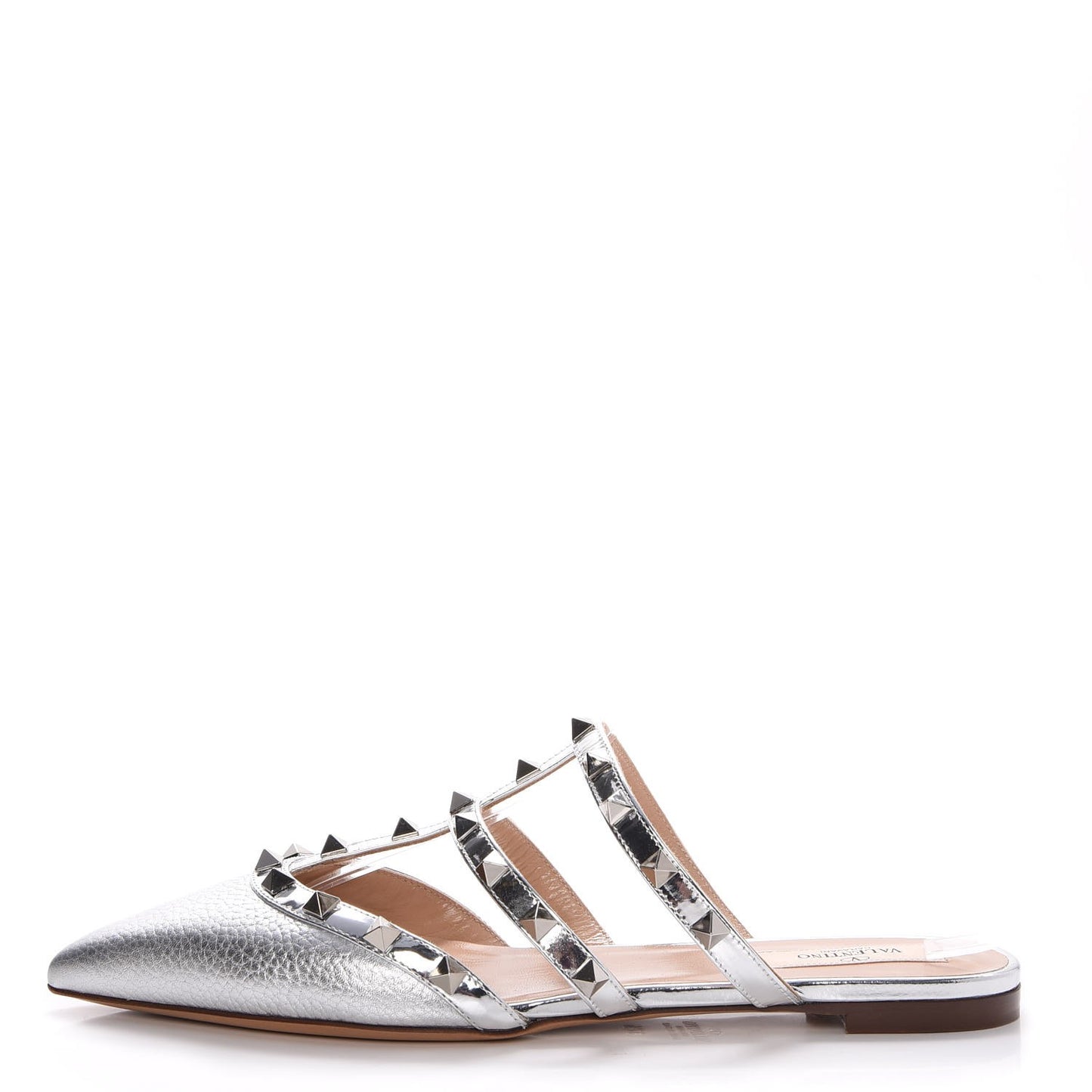 Metallic Pebbled Calfskin Rockstud Flat Cage Mules 37.5 Silver