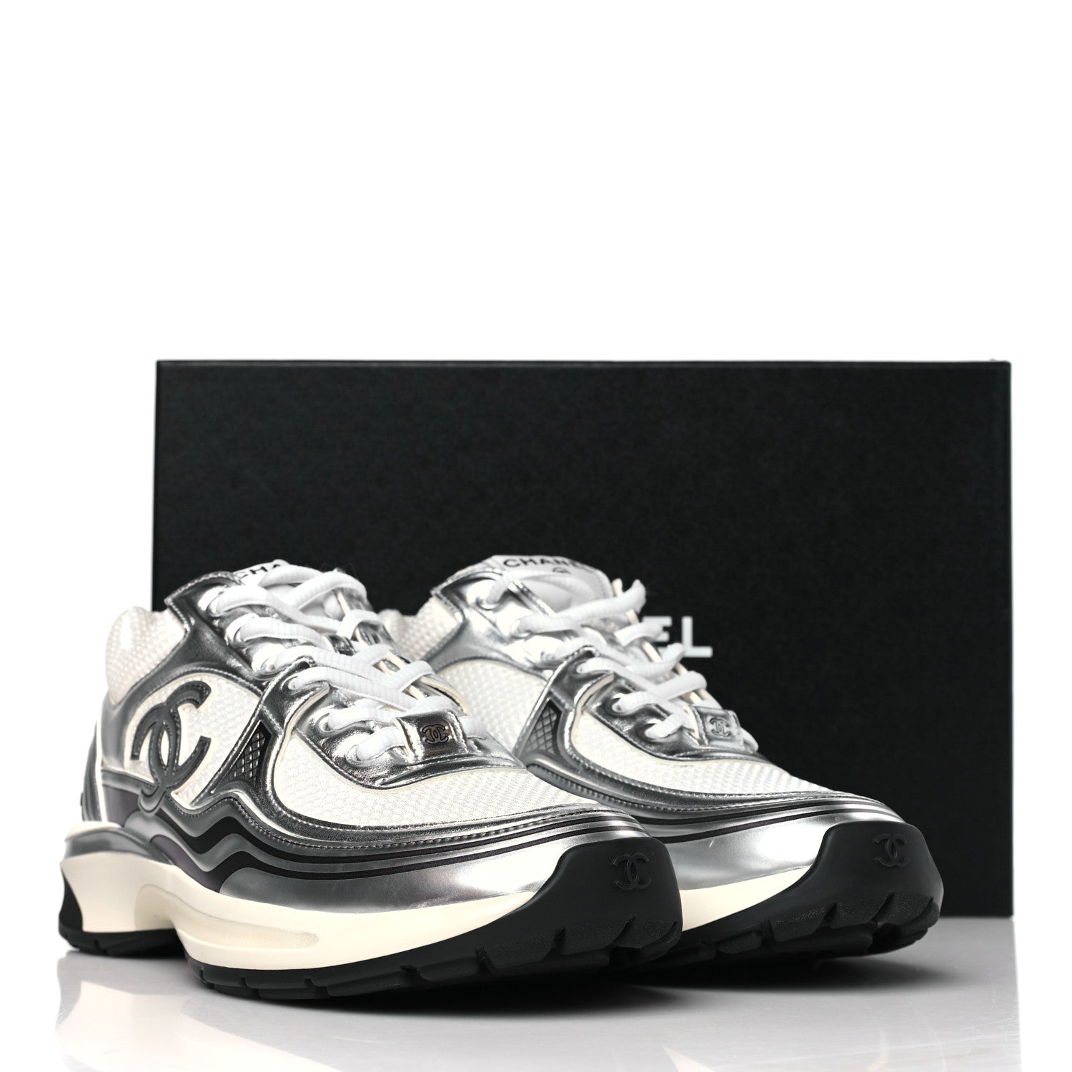 Chanel Fabric Laminated Calfskin Stretch CC Womens Sneakers 39.5 White Silver 9 of 9