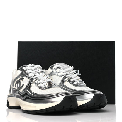Chanel Fabric Laminated Calfskin Stretch CC Womens Sneakers 39.5 White Silver 9 of 9