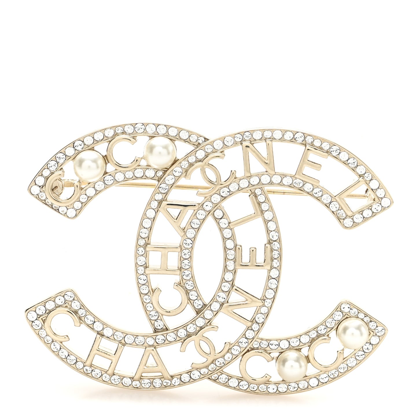 Crystal Pearl Coco CC Logo Brooch Gold