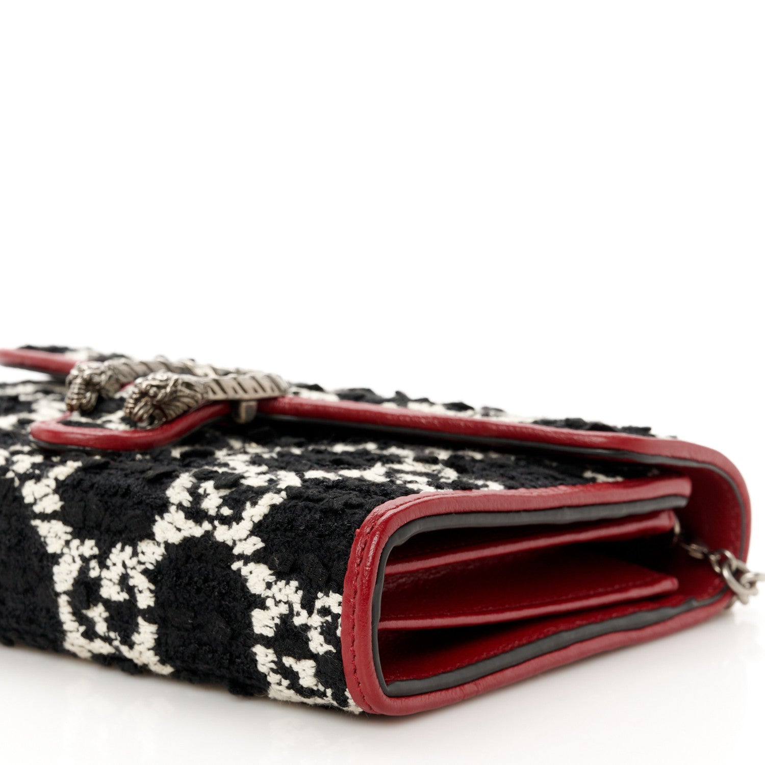 Gucci Tweed GG Monogram Mini Dionysus Chain Wallet Black White Romantic Cherry 10 of 10
