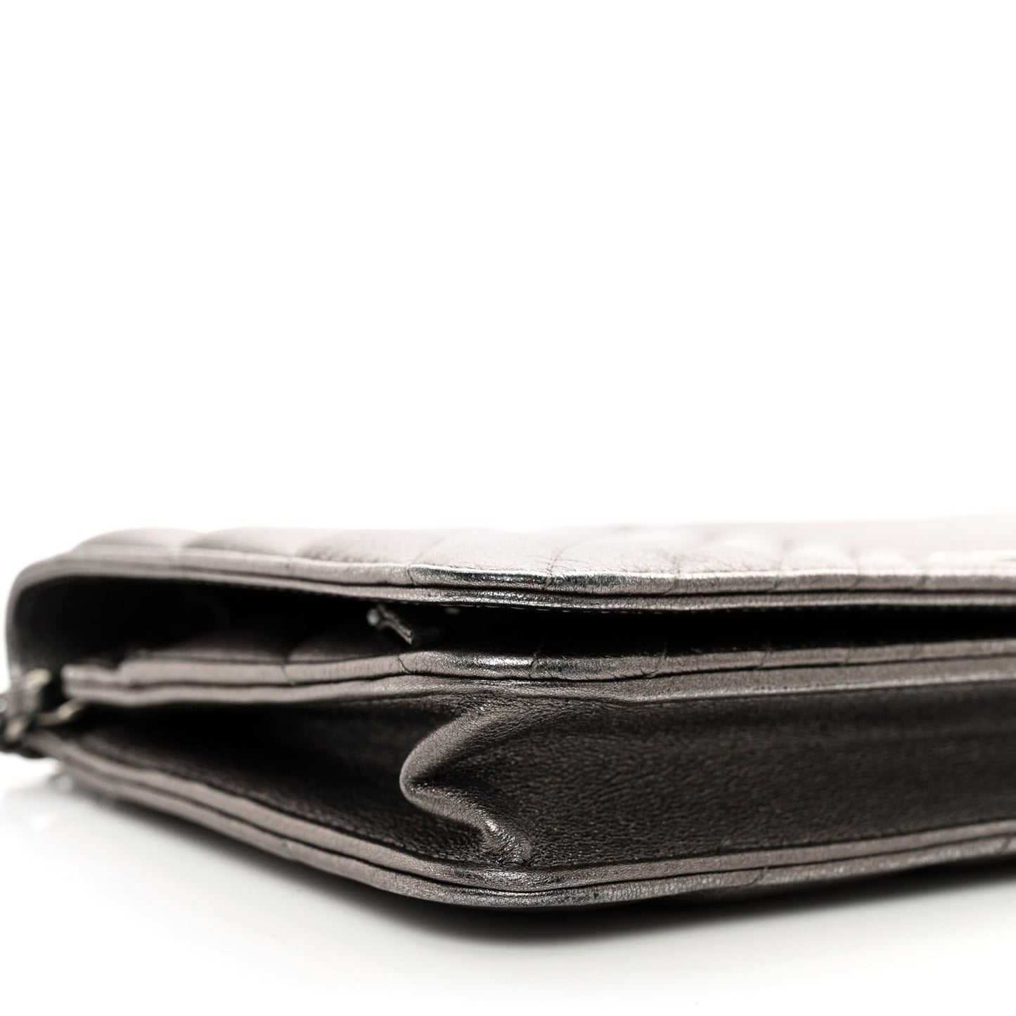 Metallic Lambskin Chevron Quilted Wallet On Chain WOC Grey