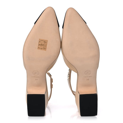 Chanel Lambskin Grosgrain Cap Toe Logo Ankle Strap Pumps 39 Beige Black 5 of 9