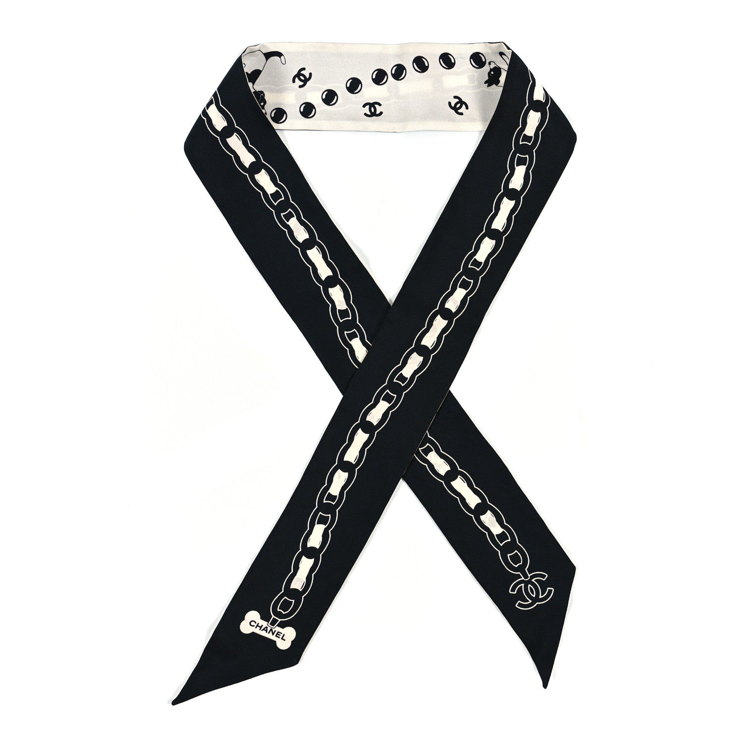 Chanel Silk CC Puppies Slim Bandeau Scarf Black Ecru 1 of 3