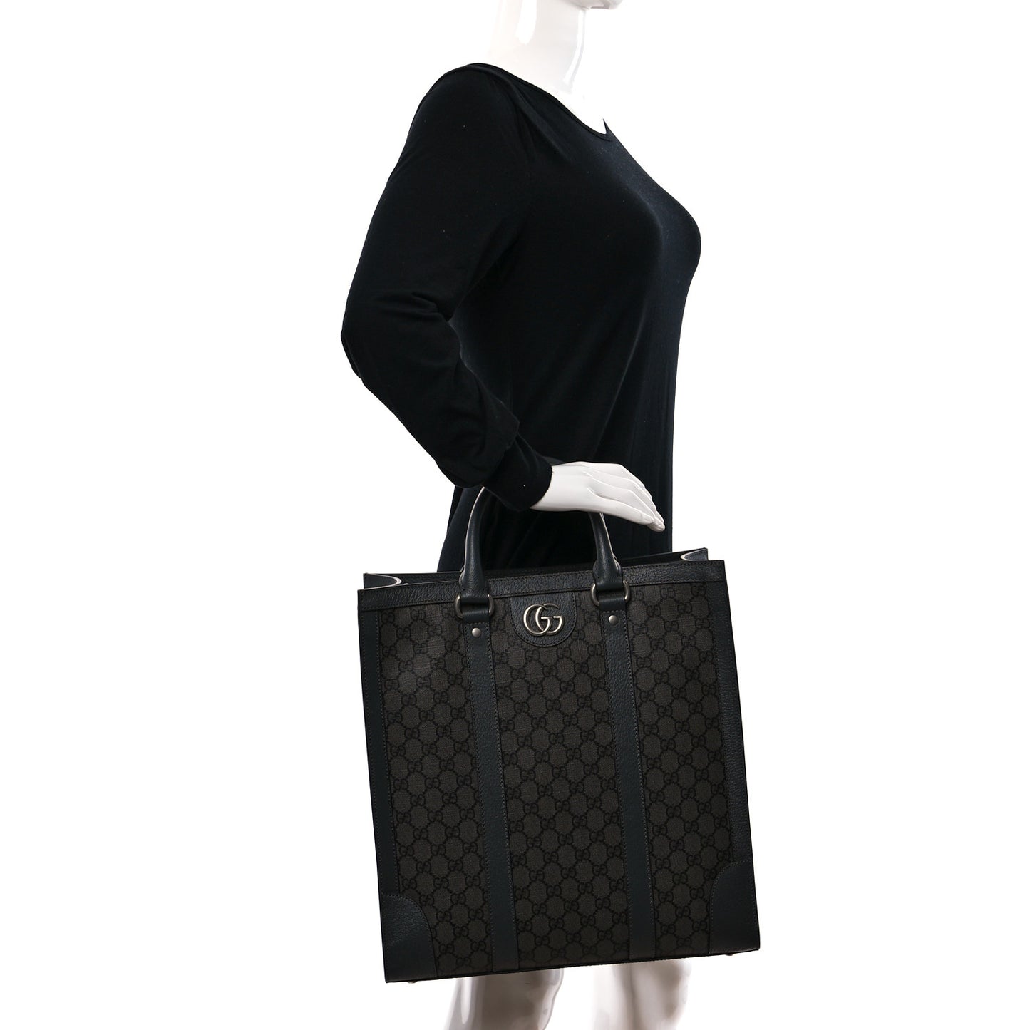 GG Supreme Monogram Textured Dollar Calfskin Medium Ophidia Tote Grey Black Graphite Grey