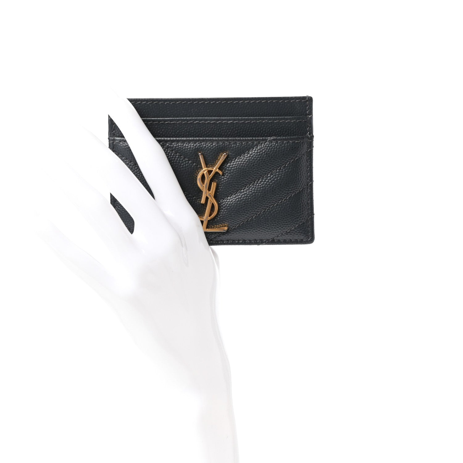 Saint Laurent Grain De Poudre Matelasse Chevron Monogram Credit Card Case Coal 2 of 6