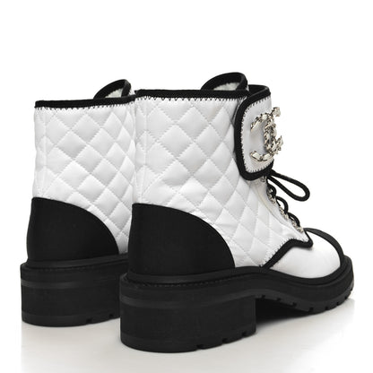Chanel Fabric Grosgrain Quilted Cap Toe Lace Up Combat Boots 41 White Black 4 of 9