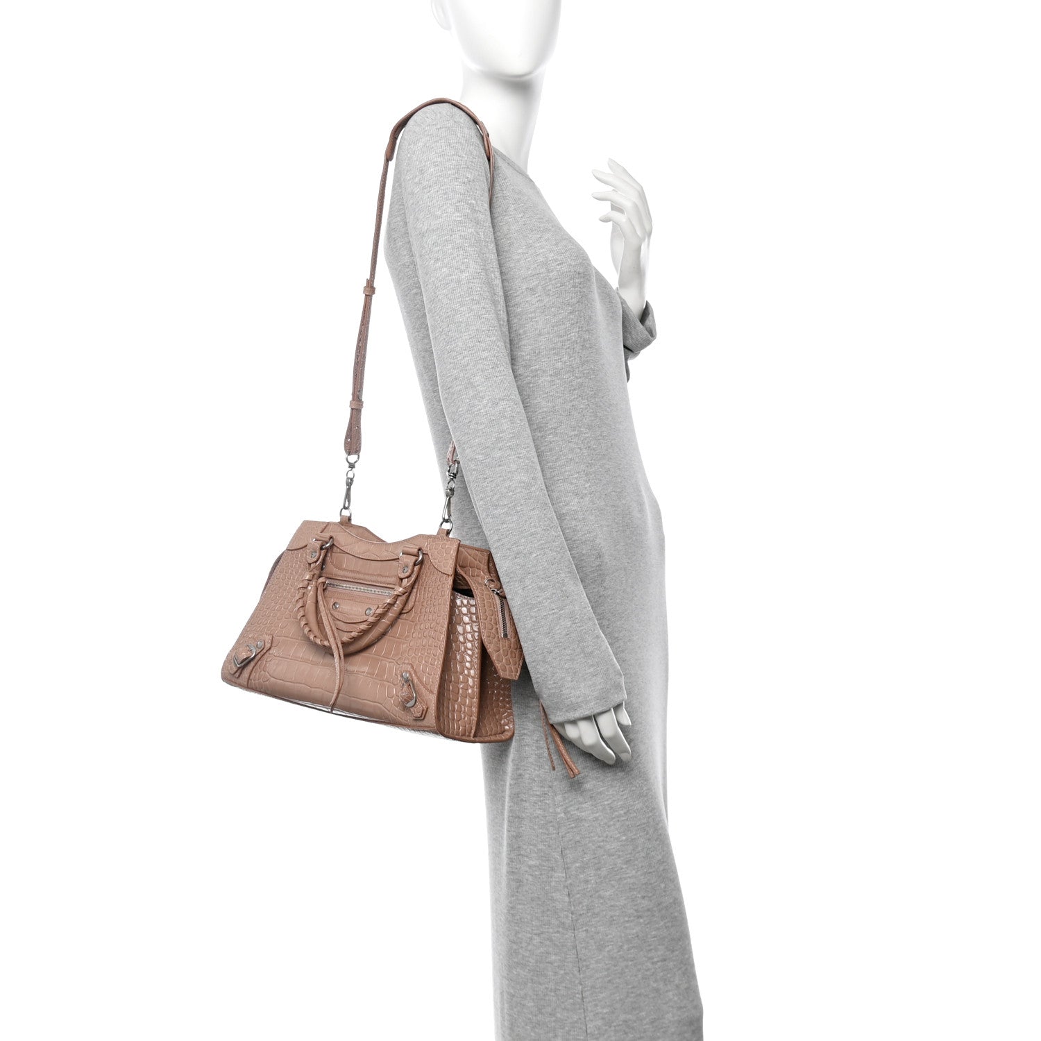 Balenciaga Shiny Supple Calfskin Crocodile Embossed Neo Classic Silver Hardware S City Nude Beige 2 of 13