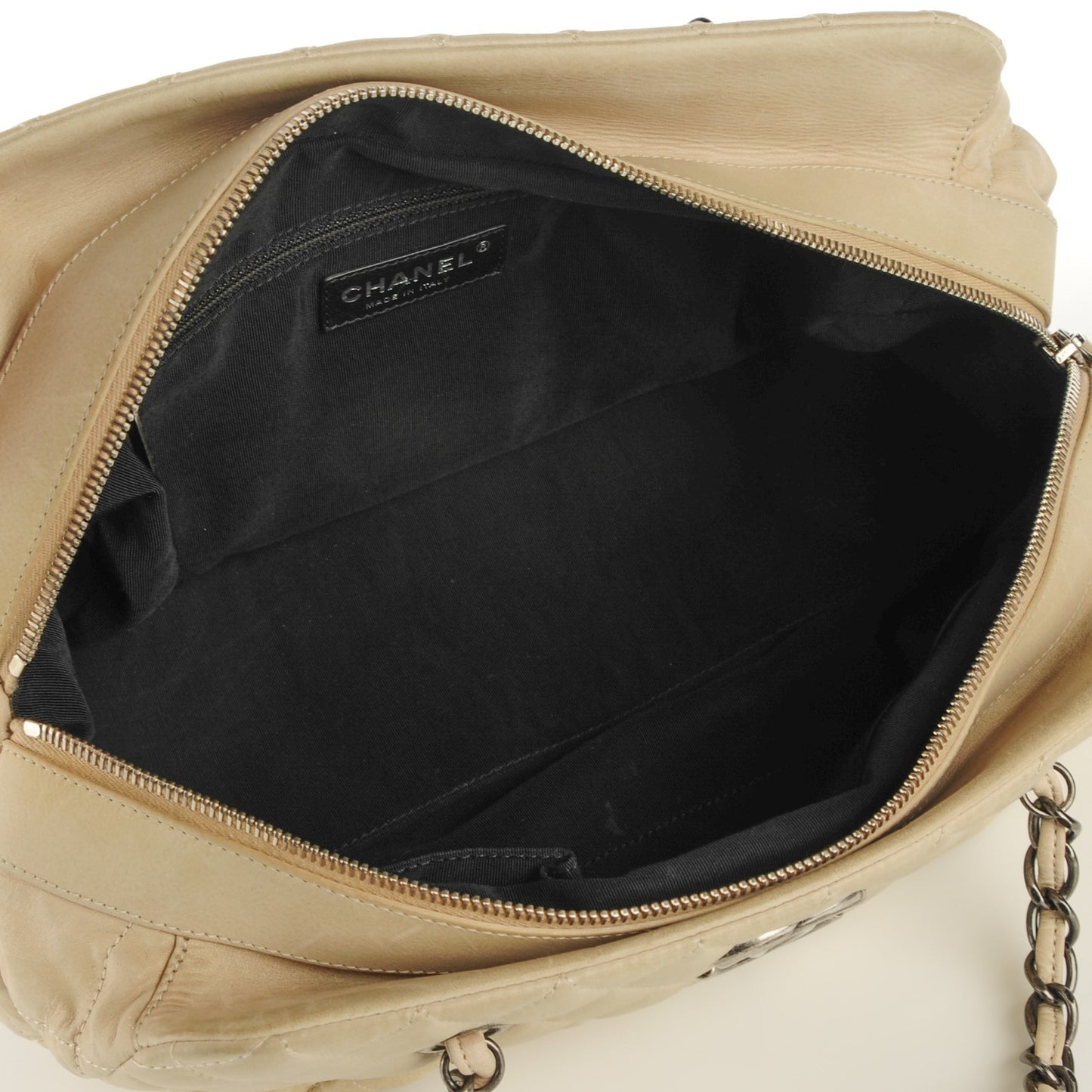 Iridescent Calfskin Chic Quilt Bowling Bag Beige Clair
