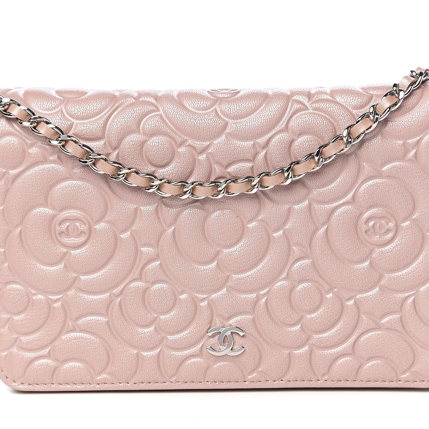 Chanel Goatskin Camellia Embossed Wallet On Chain WOC Light Pink 10 of 11