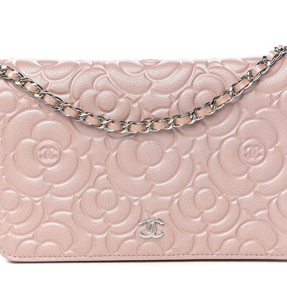 Chanel Goatskin Camellia Embossed Wallet On Chain WOC Light Pink 10 of 11
