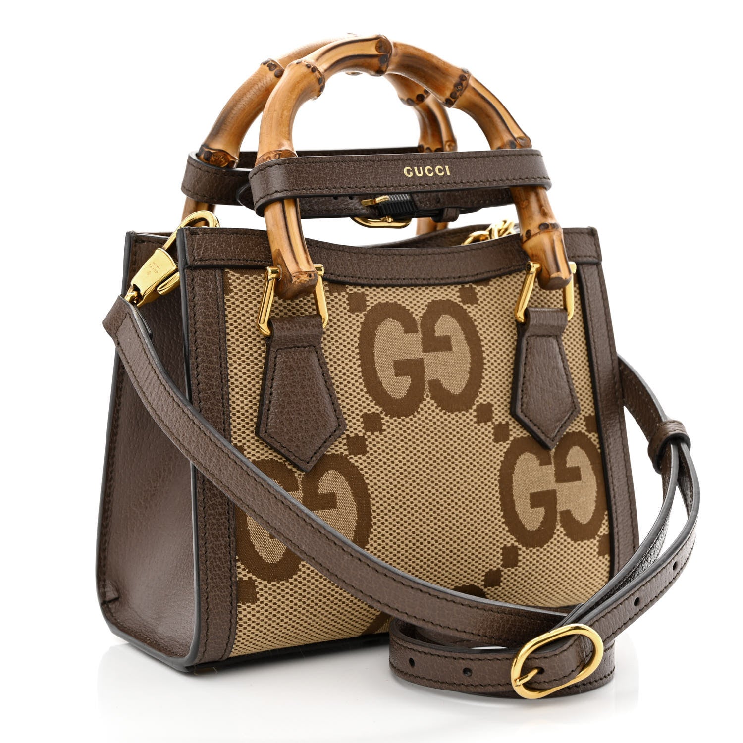 Gucci Monogram Jumbo GG Textured Dollar Calfskin Mini Diana Tote Bag Camel Ebony New Acero 3 of 11