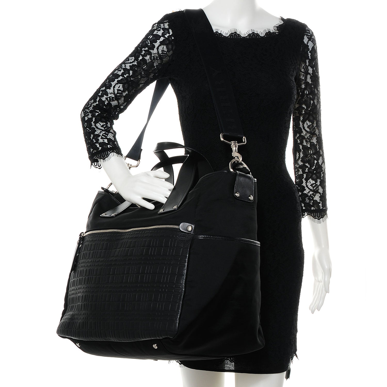 Burberry Leather Check Embossed Tote Bag Black 2 of 9