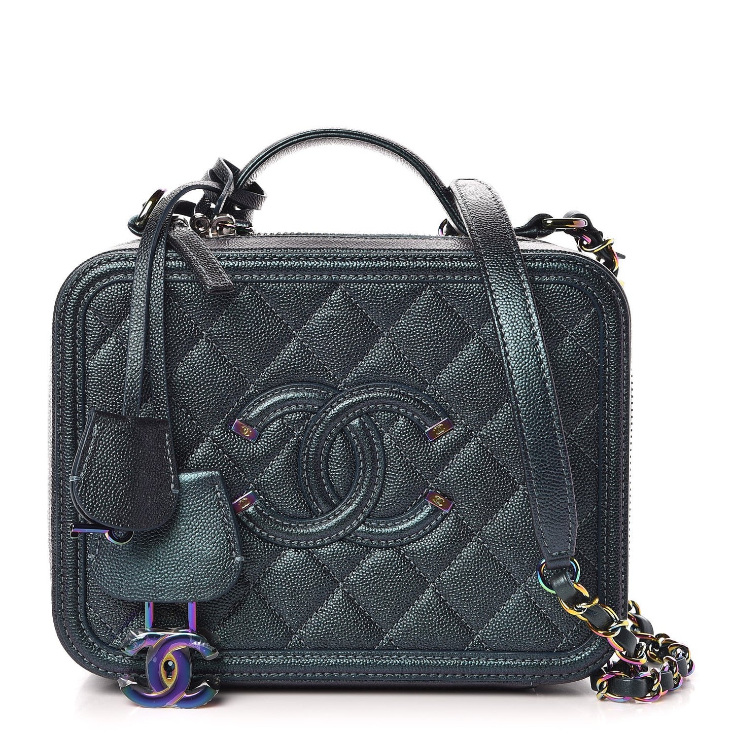 Iridescent Caviar Quilted Medium CC Filigree Vanity Case Dark Turquoise