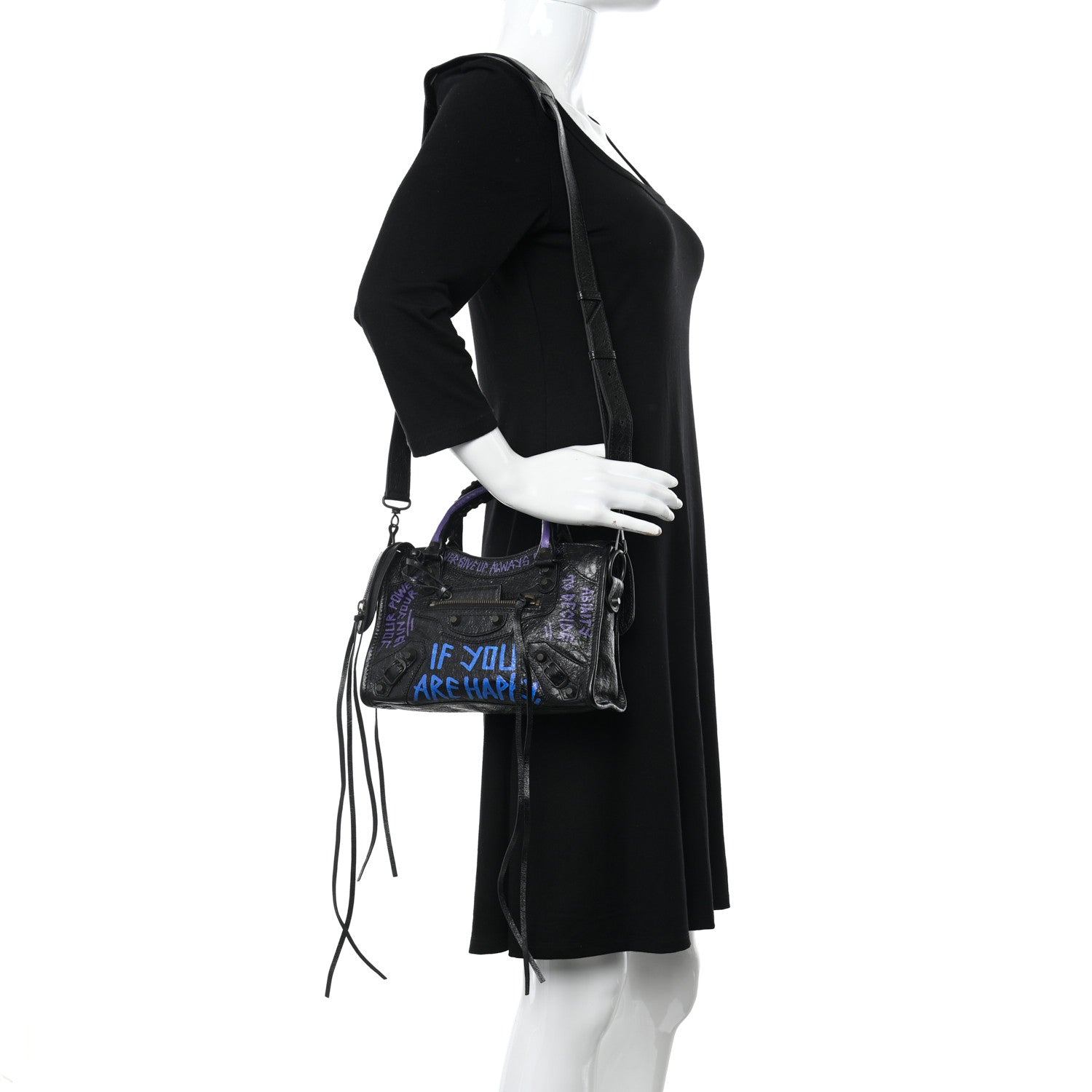 Balenciaga Agneau Arena Graffiti All Over Classic Hardware Mini City Black Bleu Violet 2 of 9