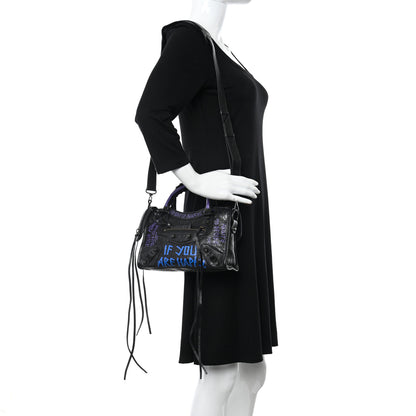 Balenciaga Agneau Arena Graffiti All Over Classic Hardware Mini City Black Bleu Violet 2 of 9