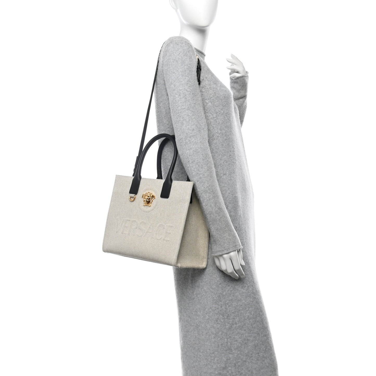 Canvas Calfskin La Medusa Small Tote Bag Beige