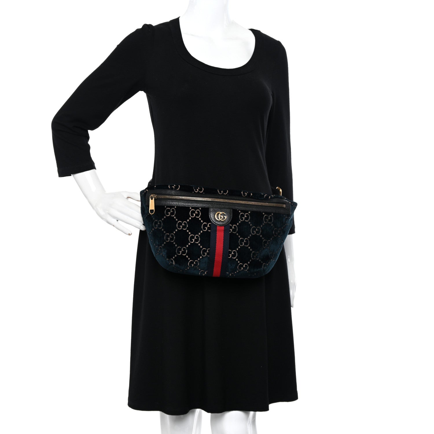 Gucci Velvet GG Monogram Web Belt Bag Blue Beige 2 of 10