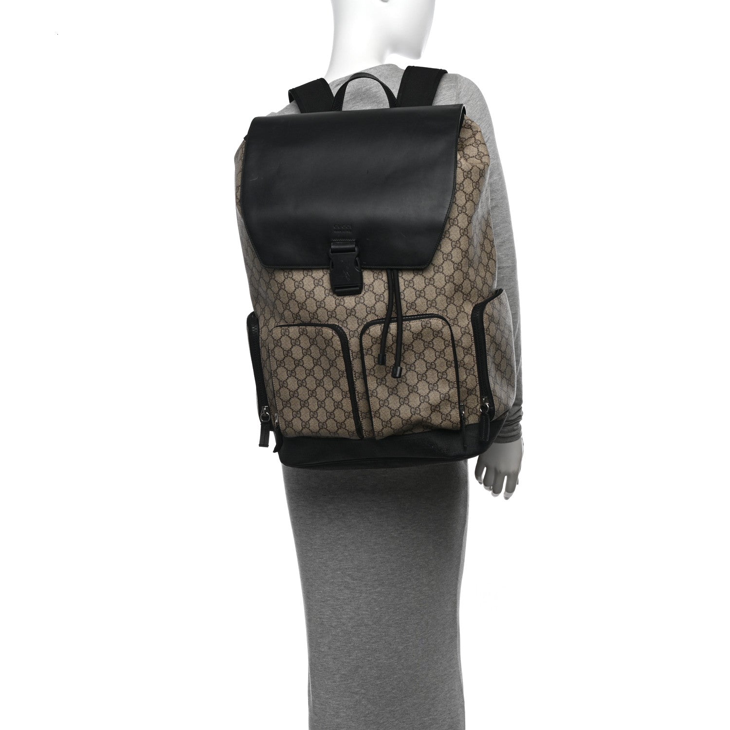 Gucci GG Supreme Monogram Single Buckle Backpack Beige Black 2 of 18