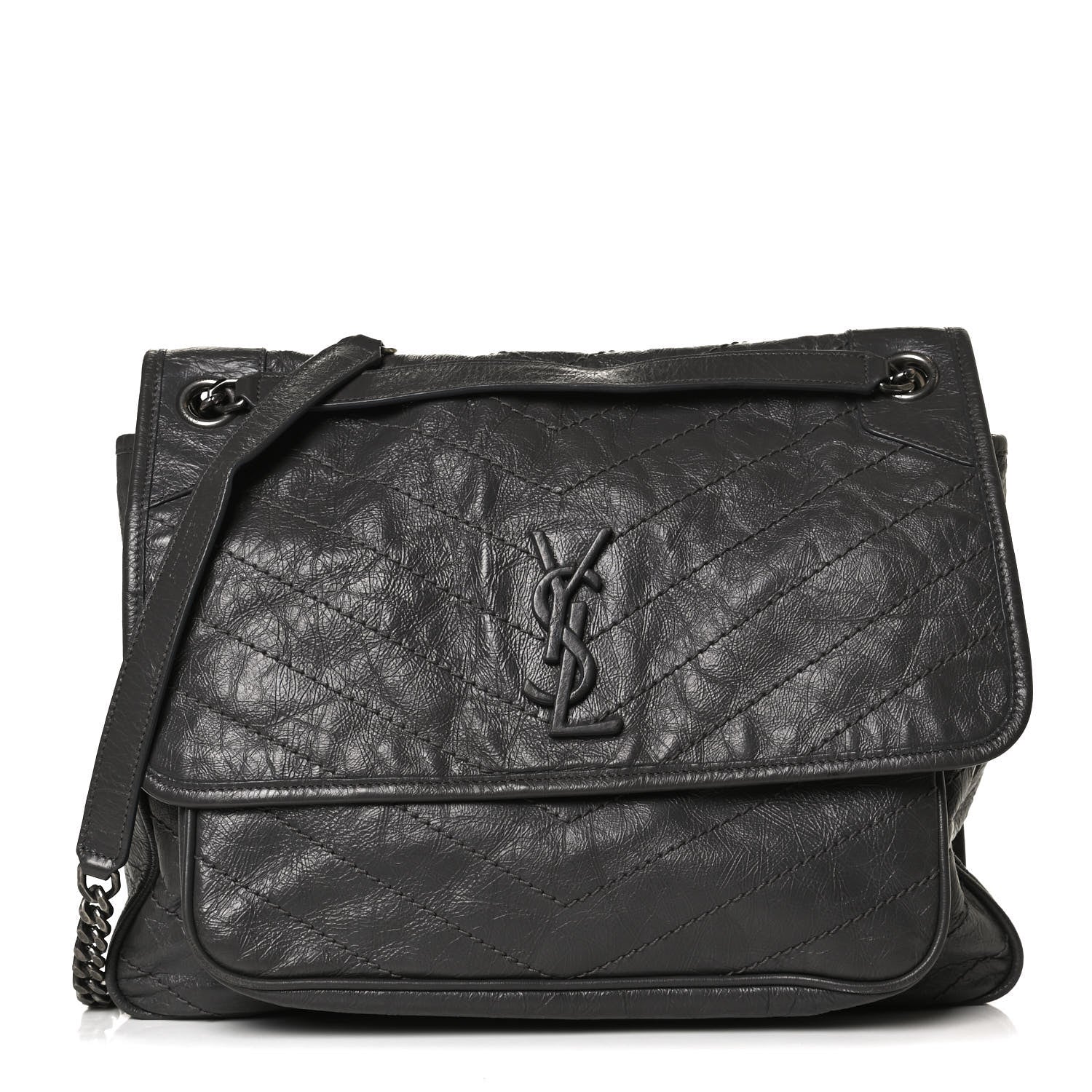 Saint Laurent Crinkled Calfskin Matelasse Monogram Large Niki Chain Satchel Storm 1 of 17
