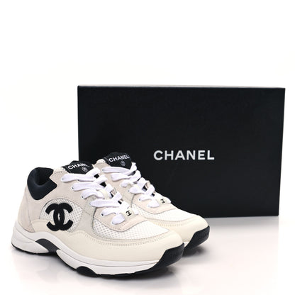 Chanel Mesh Suede Calfskin Grained Calfskin Womens CC Sneakers 37 White Black 10 of 10