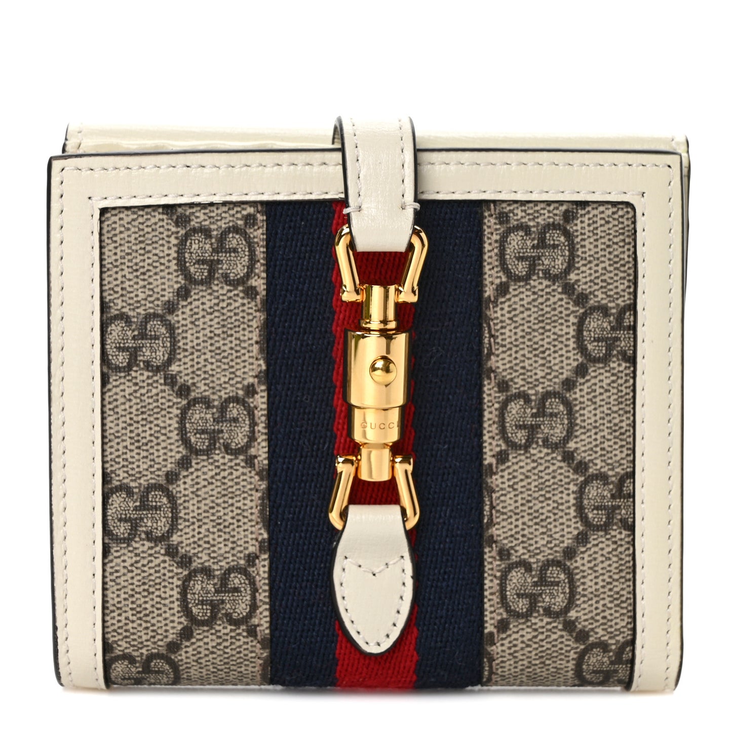 GG Supreme Monogram Textured Calfskin Web Jackie 1961 French Flap Wallet Beige Ebony Mystic White