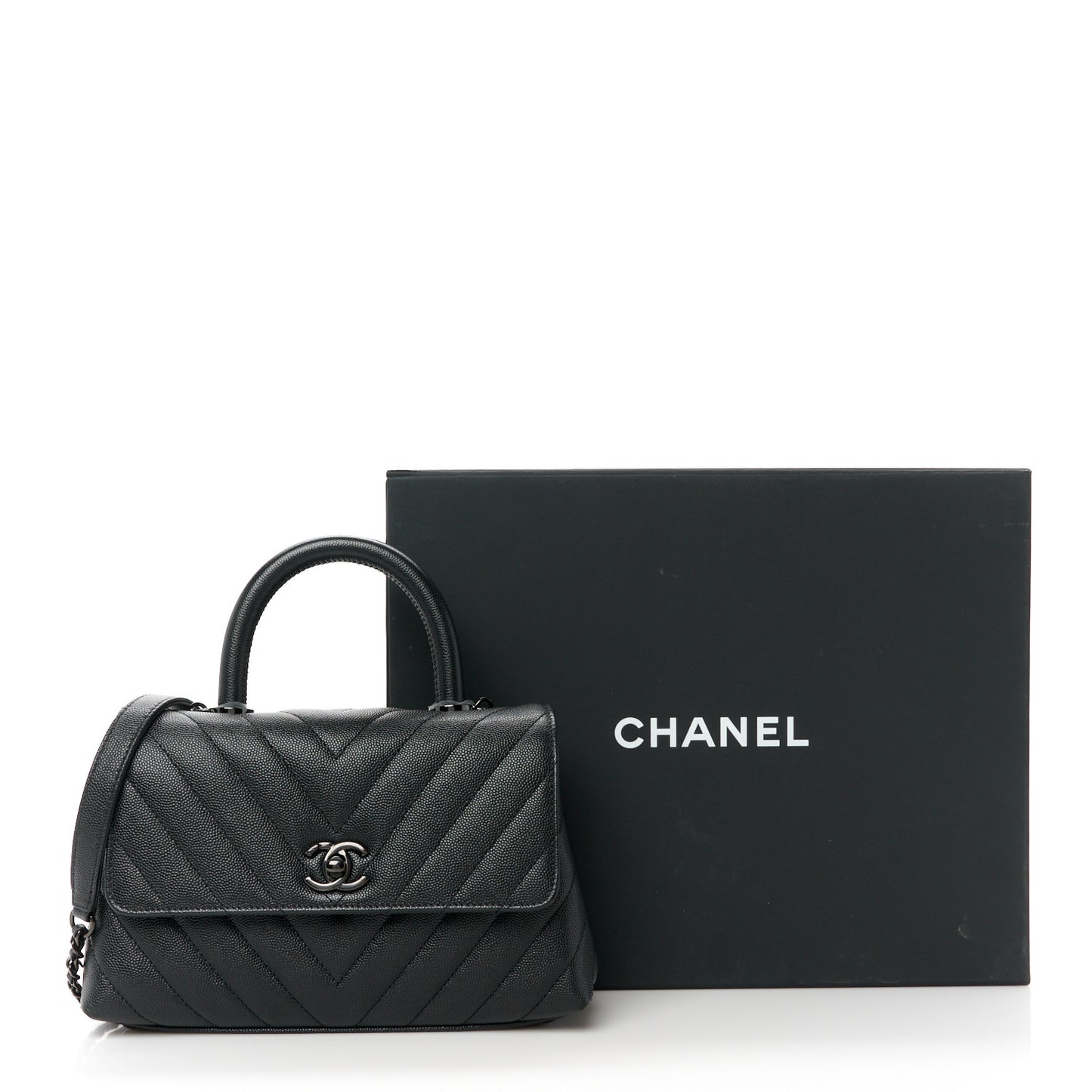 Caviar Chevron Quilted Mini Coco Handle Flap So Black