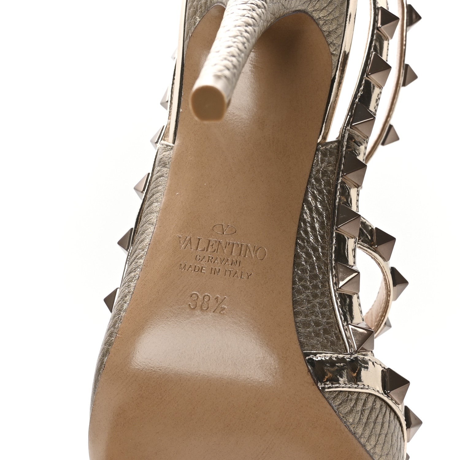 Valentino Garavani Metallic Pebbled Calfskin Patent Rockstud Ankle Strap 100mm Pumps 38.5 Skin 7 of 8