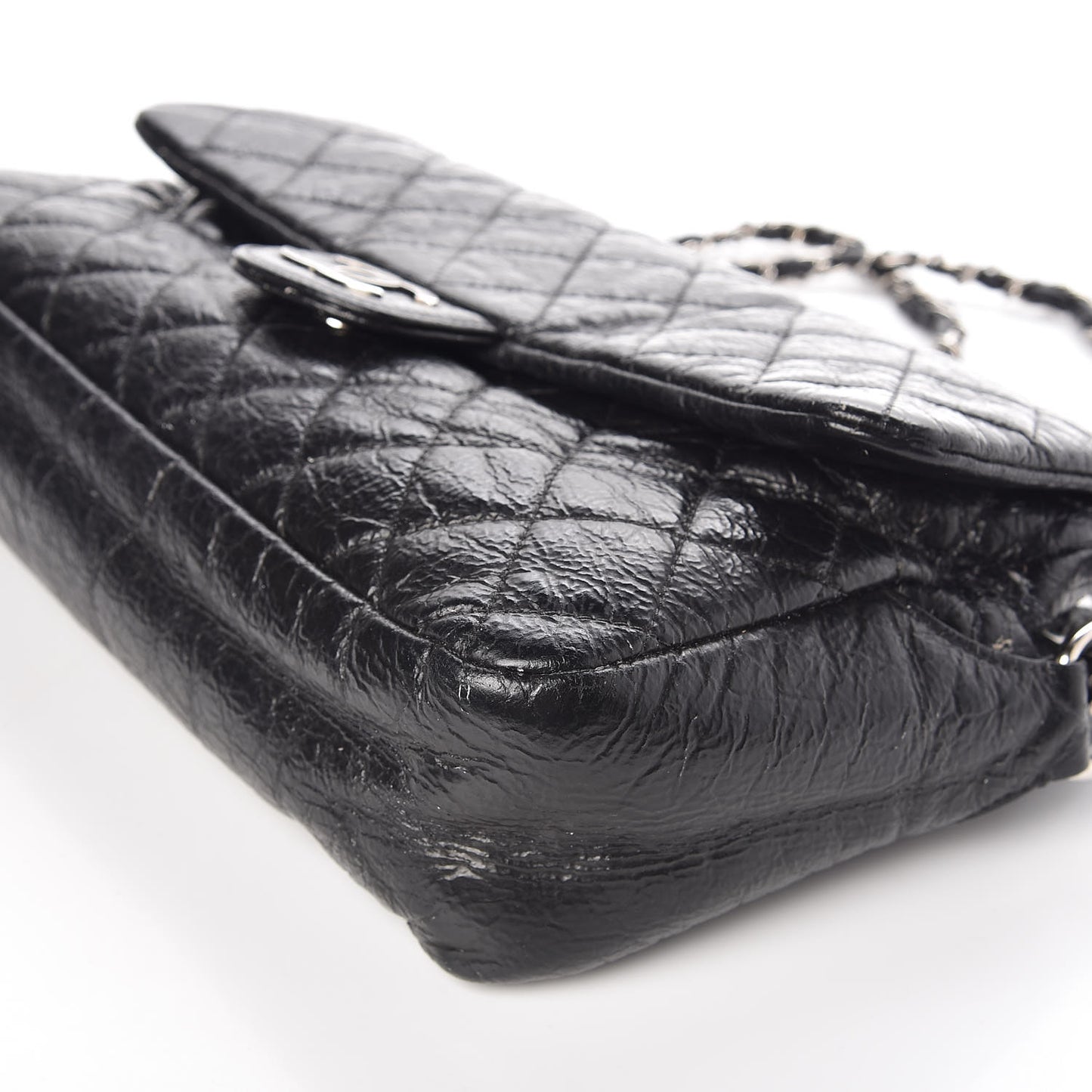Crackled Calfskin Quilted Large Flap Black