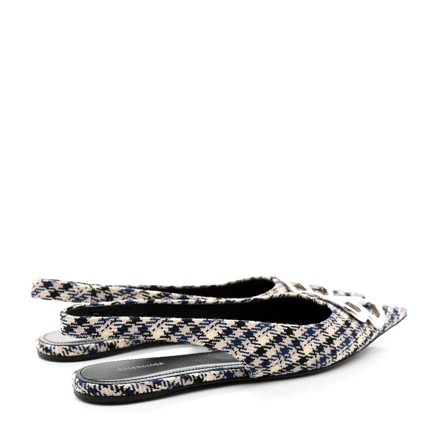 Tweed Prince Of Wales BB Knife Pointy Toe Slingback Flats 37 Beige Navy Silver