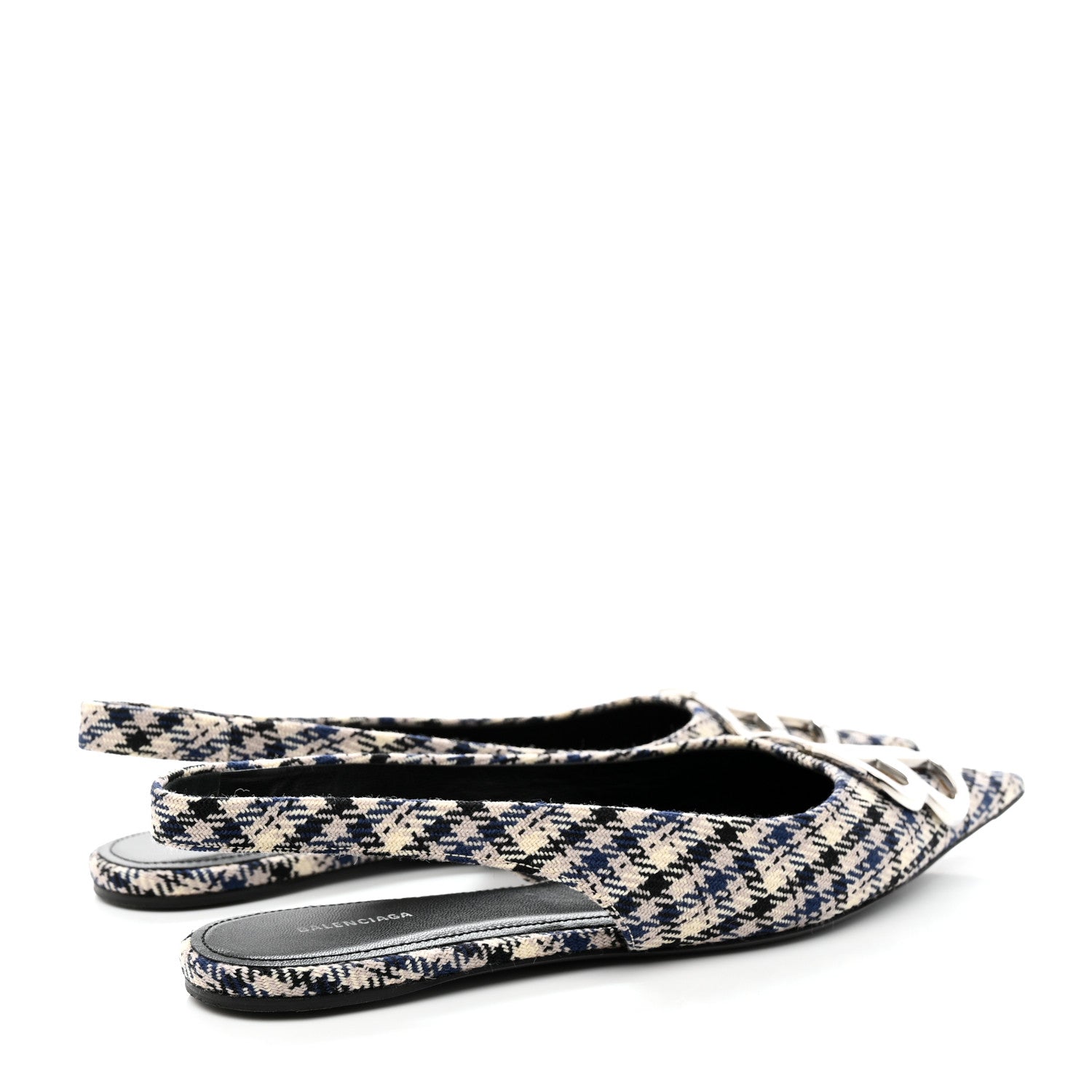 Balenciaga Tweed Prince Of Wales BB Knife Pointy Toe Slingback Flats 37 Beige Navy Silver 4 of 14