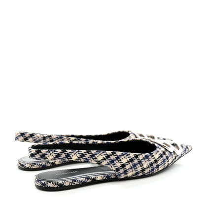 Balenciaga Tweed Prince Of Wales BB Knife Pointy Toe Slingback Flats 37 Beige Navy Silver 4 of 14