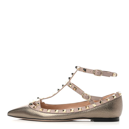 Valentino Garavani Metallic Pebbled Calfskin Rockstud Cage Ballerina Flats 37.5 Sasso Poudre 1 of 7
