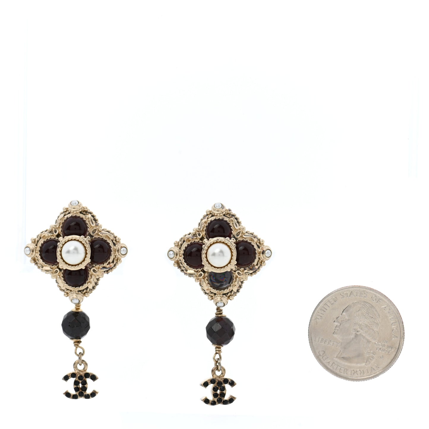 Pearl Bead CC Drop Clip On Earrings Black Gold