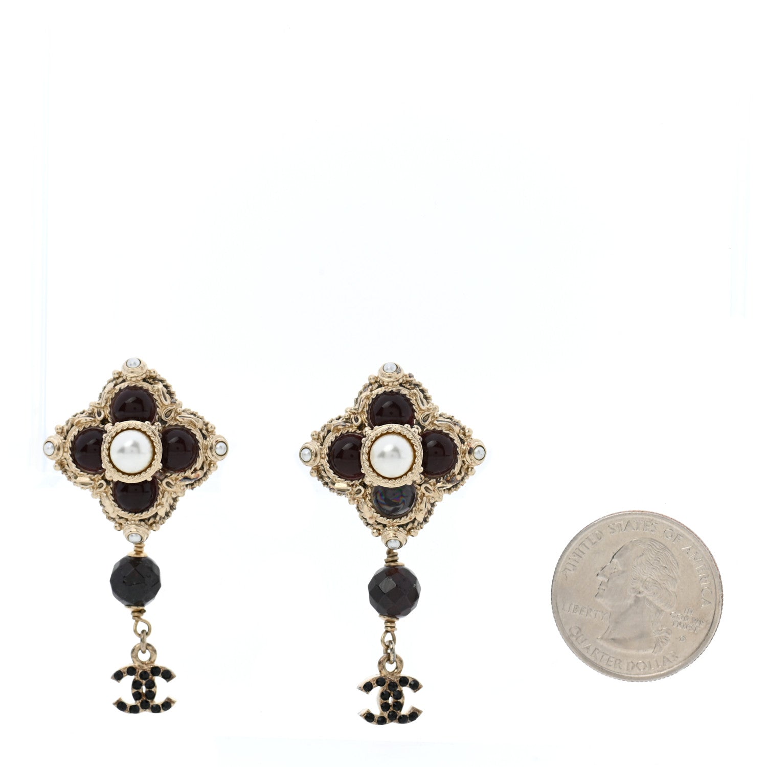 Chanel Pearl Bead CC Drop Clip On Earrings Black Gold 2 of 5