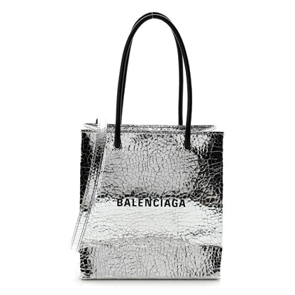 Balenciaga Crackled Mirror Calfskin Logo North South Shopper Tote XXS Silver 1 of 9