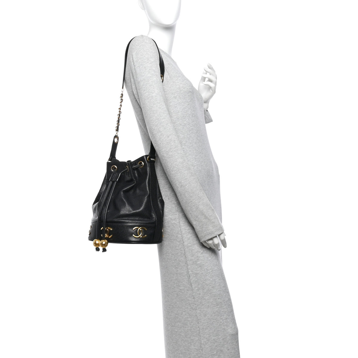 Caviar CC Drawstring Shoulder Bag Black