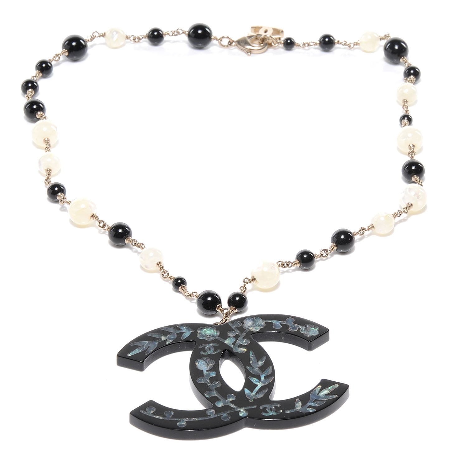 Chanel Beaded Mother of Pearl Oversized CC Necklace 3 of 4