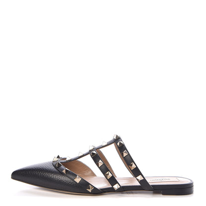 Valentino Garavani Pebbled Calfskin Rockstud Flat Cage Mules 36.5 Black 1 of 9